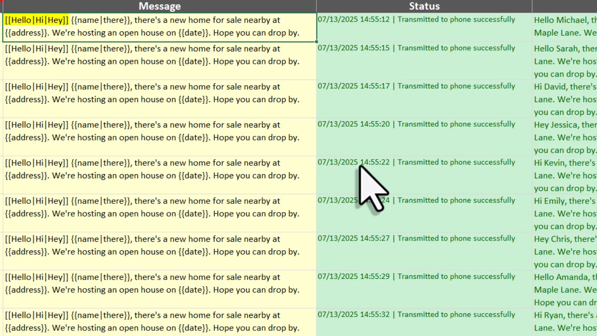 Spin text feature showing different greetings