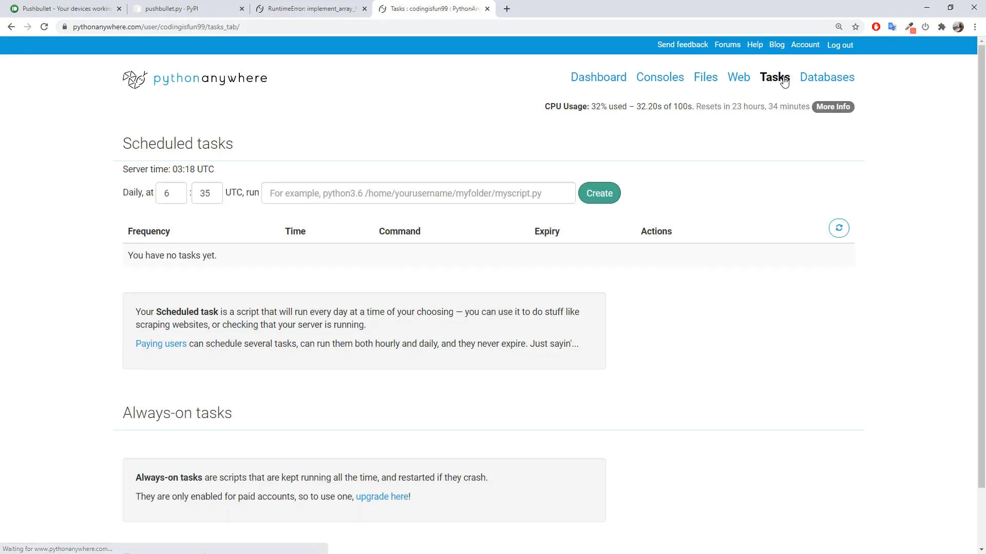 Scheduling the script on PythonAnywhere