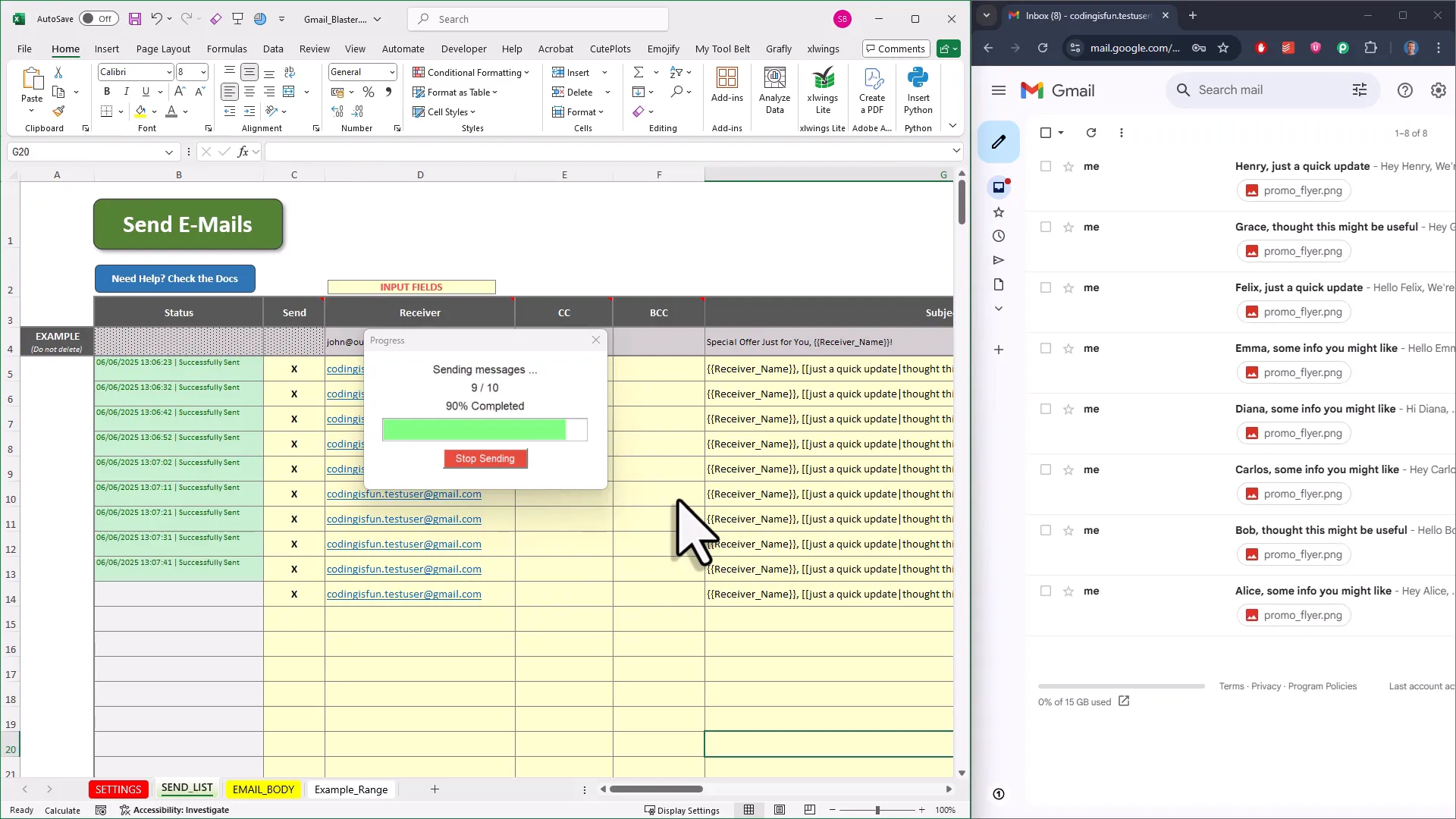 Progress bar and status updates during email sending