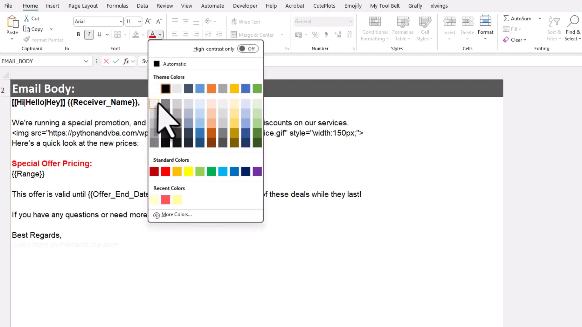 Email body in Excel with styled text and HTML image tag