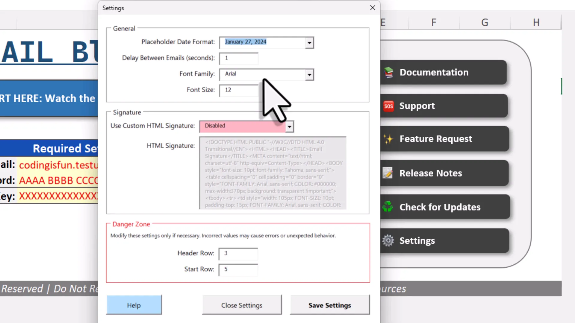Font and delay settings in the tool's settings menu