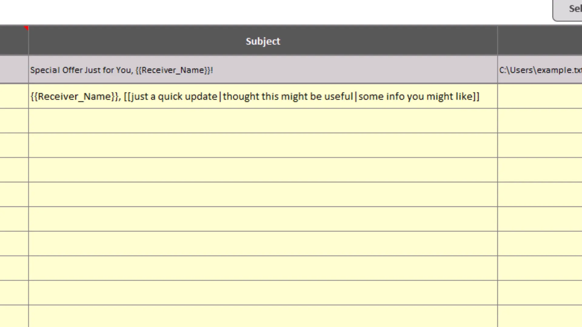 Example of placeholders and spin text in Excel subject line