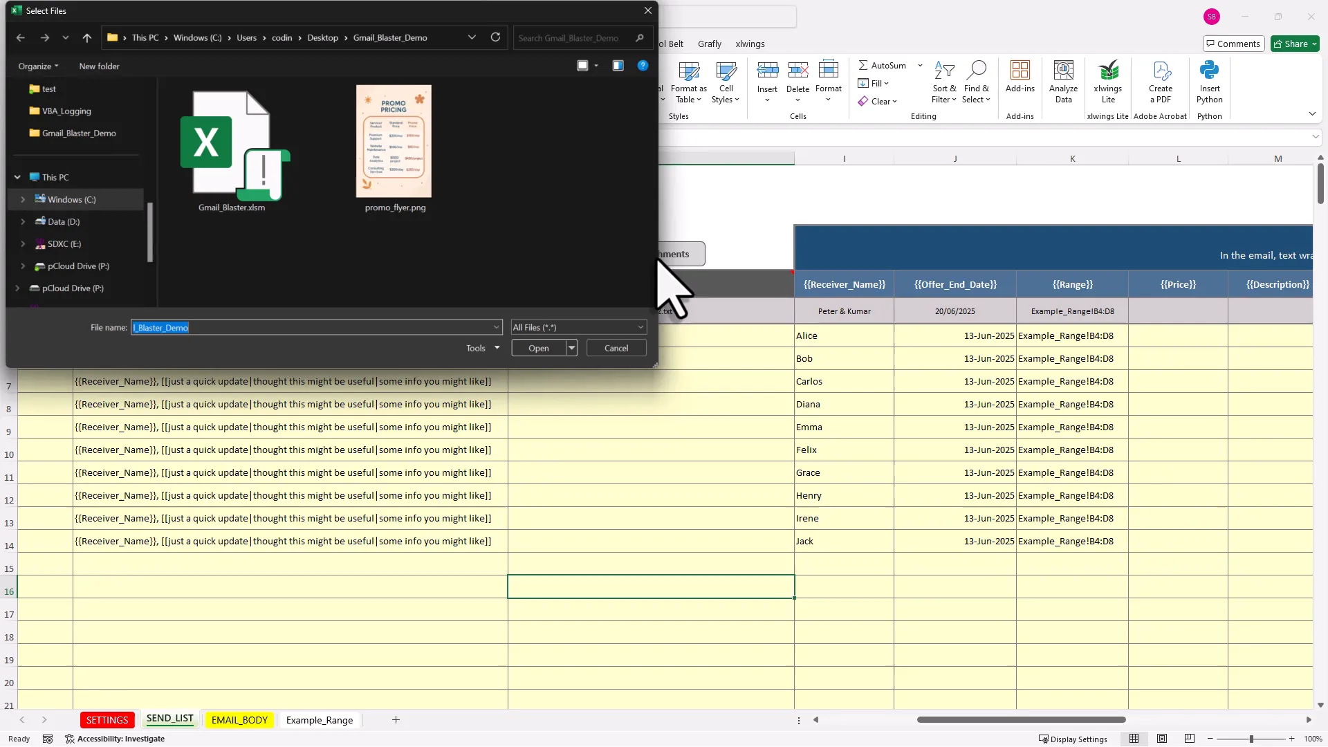 Excel attachment file picker interface