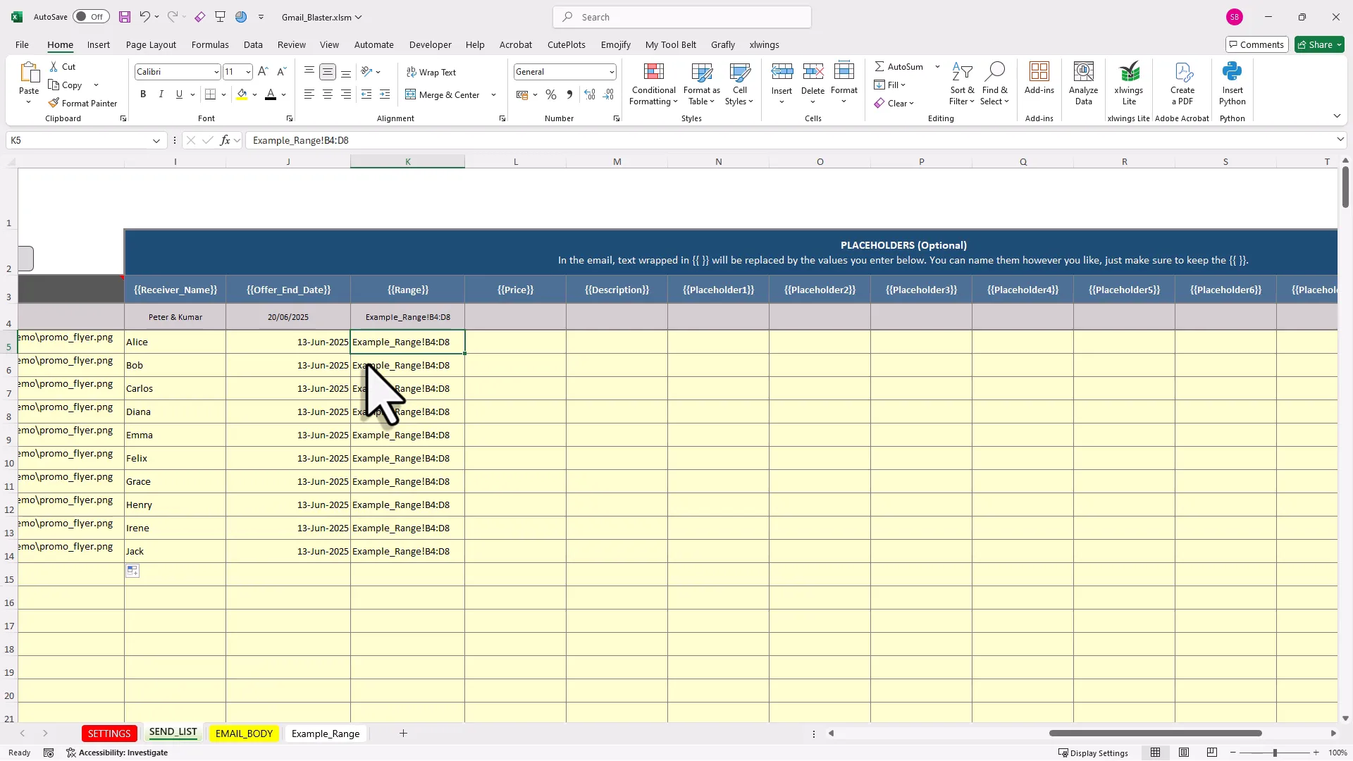 Excel range placeholder example with pricing table