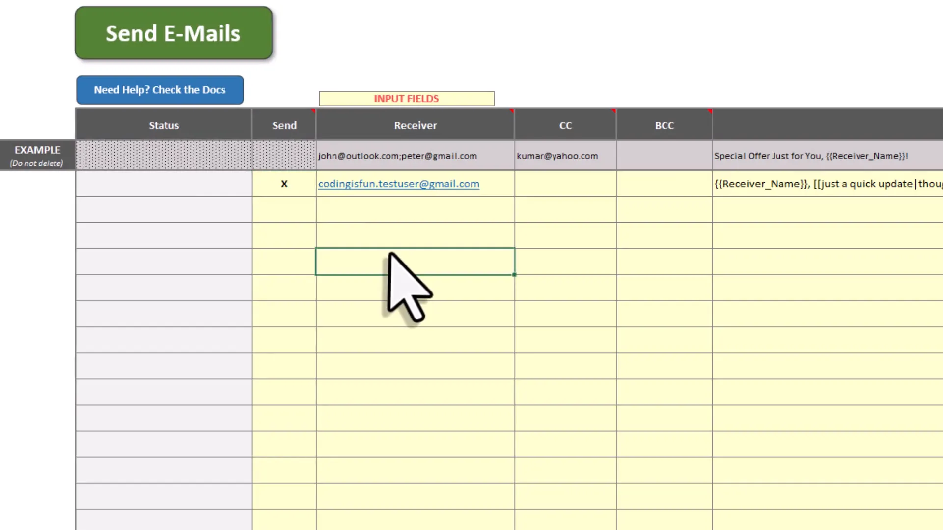Excel sheet with receiver emails and subject line filled in