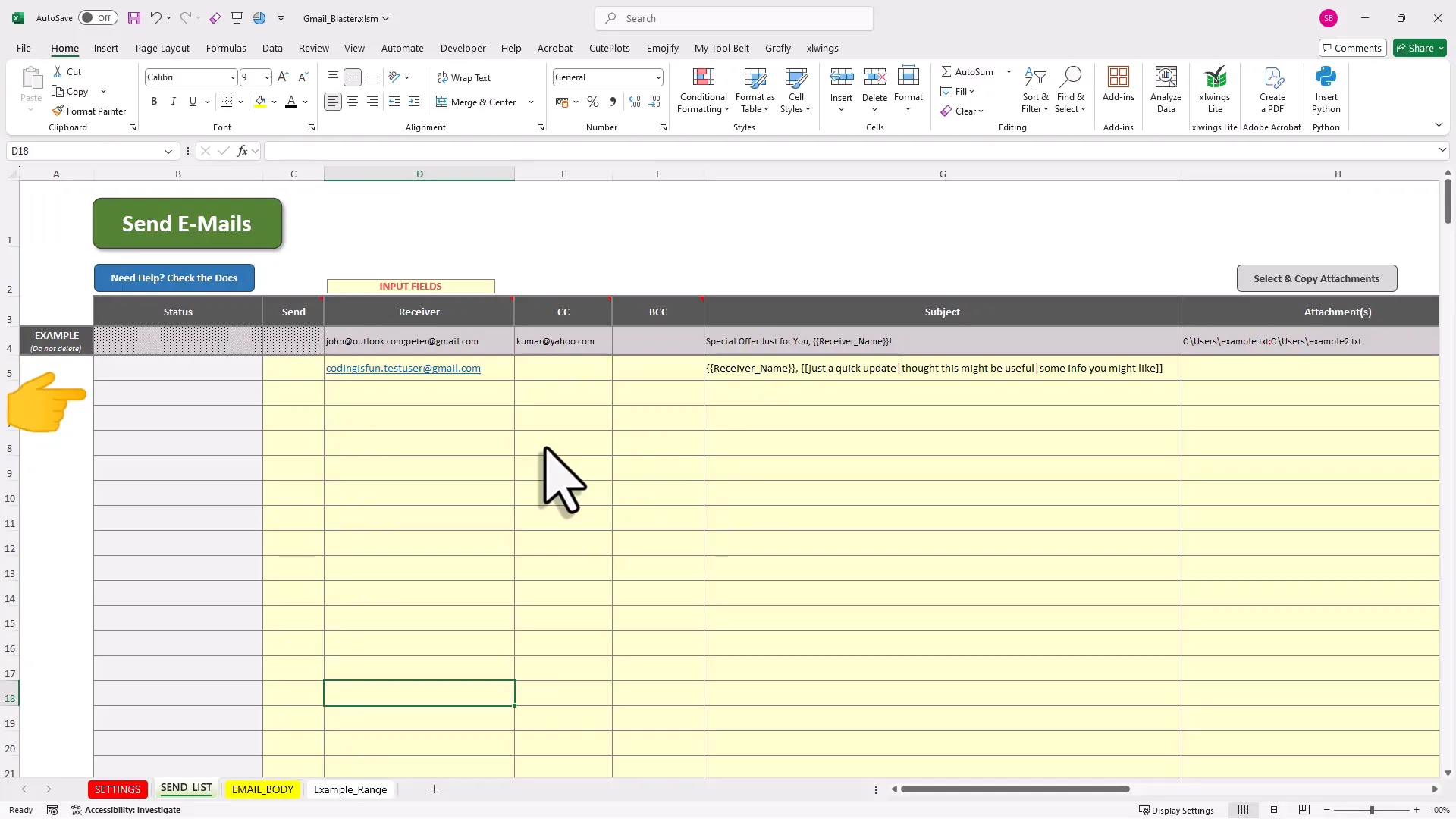 Excel tool interface showing rows representing individual emails
