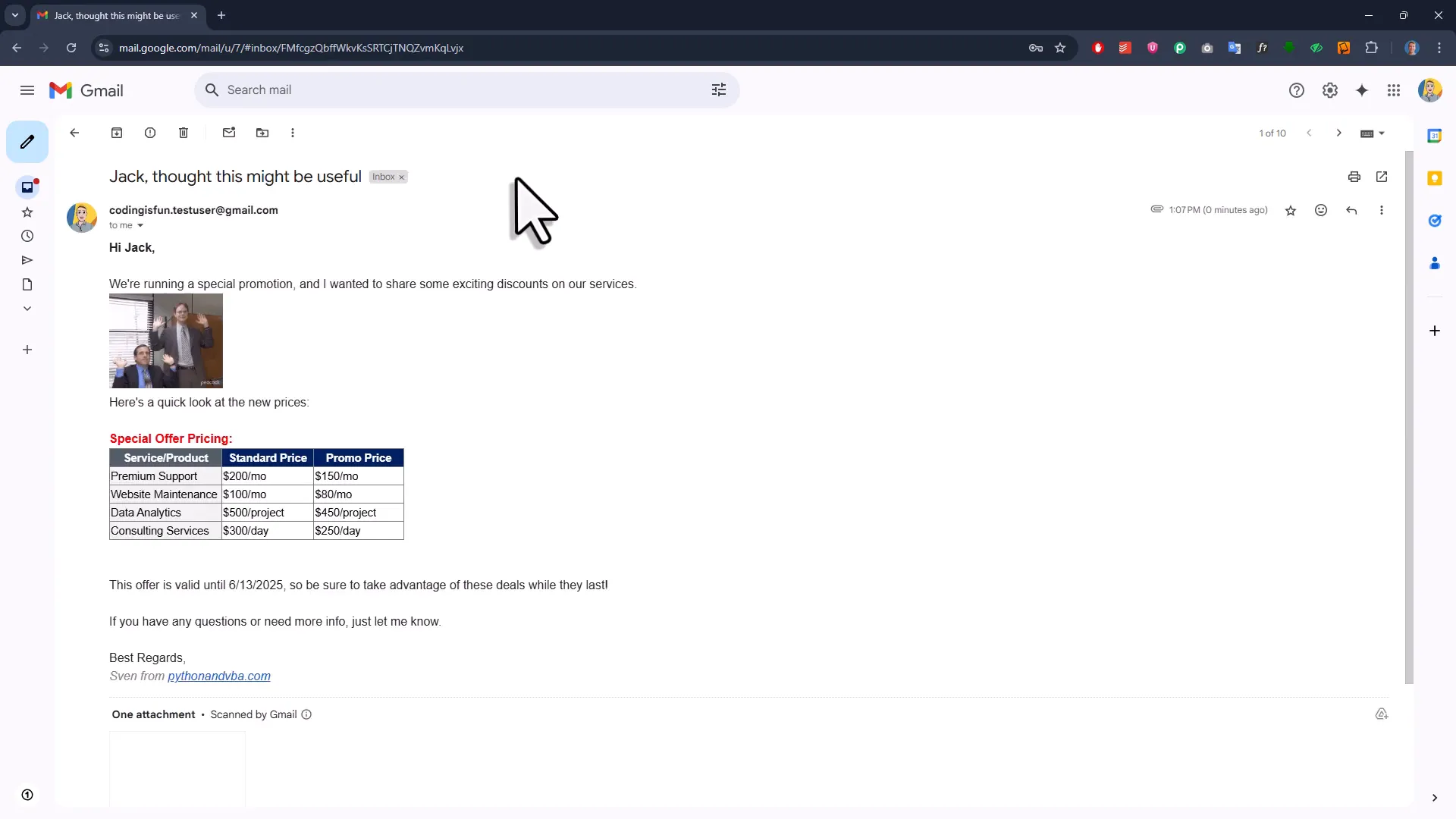 Personalized email in inbox showing formatted text, inline images, Excel table, and attachments
