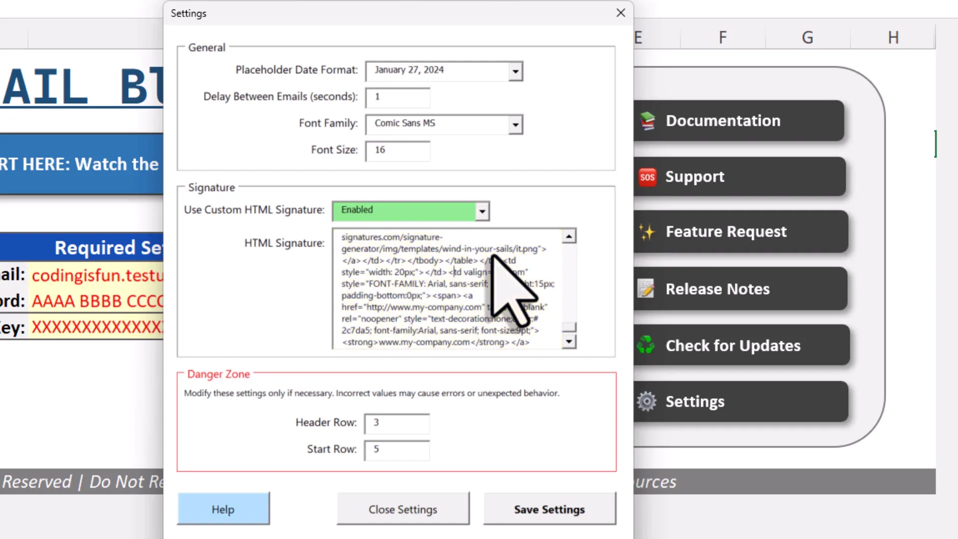 Settings menu showing HTML signature input area