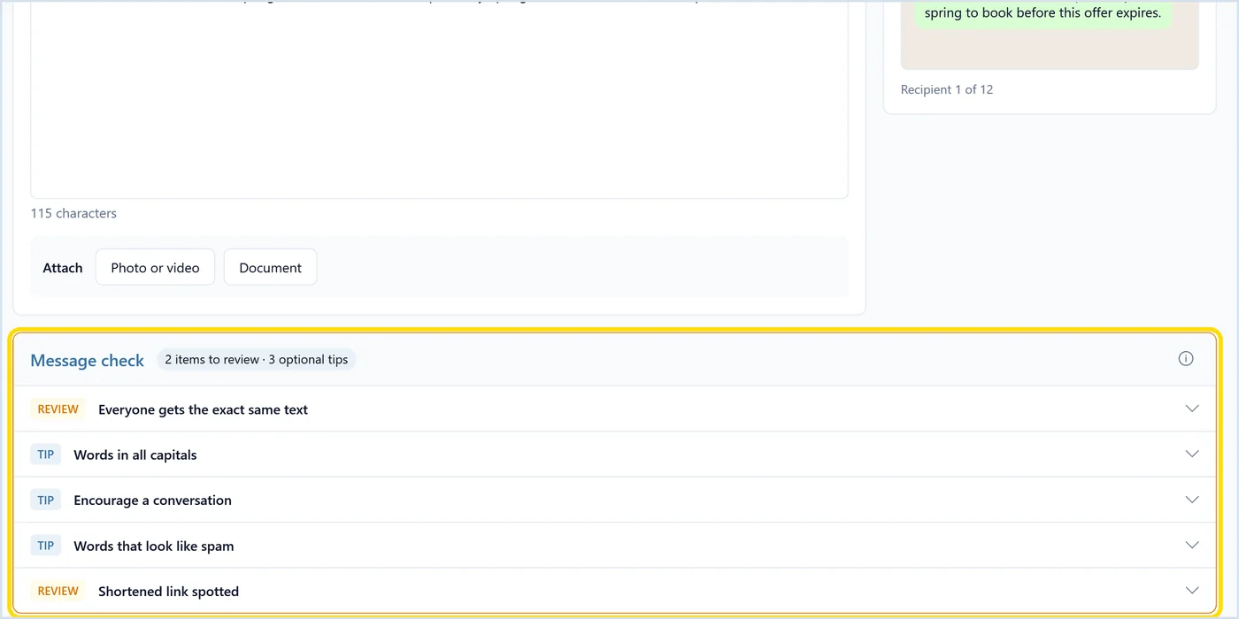 SendCommander message check on a draft with two items to review, identical text for everyone and a shortened link, plus three tips