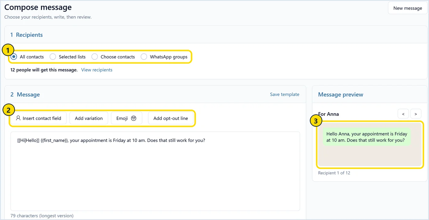 SendCommander Compose page with recipient choice including WhatsApp groups, contact field and variation buttons, and a green preview of Anna's message