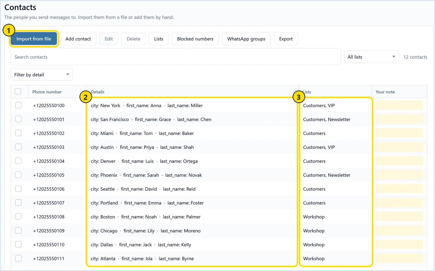 SendCommander Contacts page with import buttons, contact details from imported Excel columns and contact lists