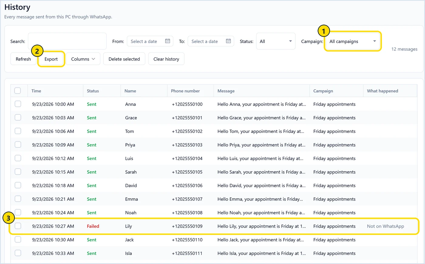 SendCommander History page listing every message with Sent and Failed status, a campaign filter and an Export button