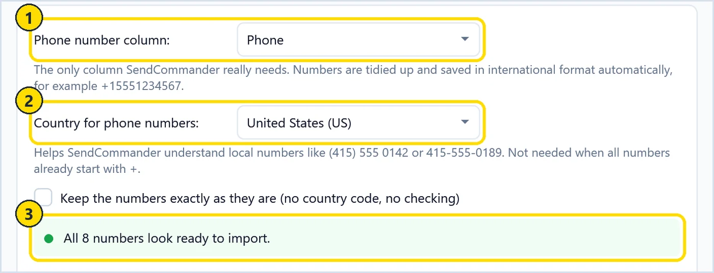 SendCommander import wizard with the phone number column, the country for local numbers and all 8 numbers ready to import