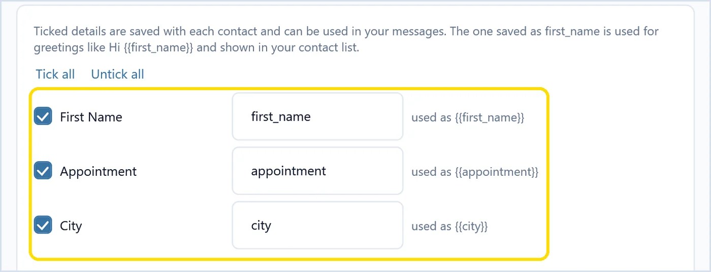 SendCommander import wizard keeping First Name, Appointment and City as first_name, appointment and city placeholders