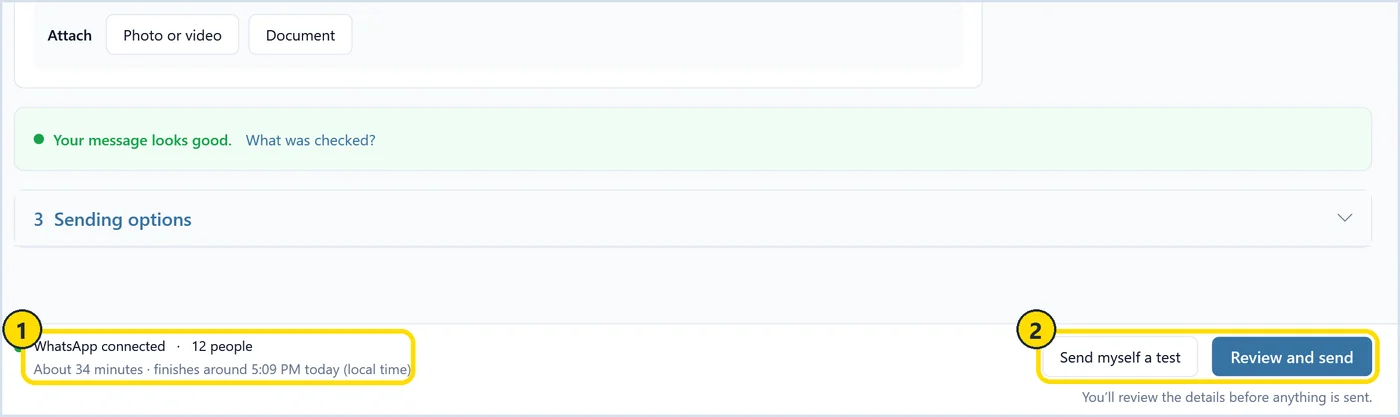 SendCommander bottom bar showing WhatsApp connected, 12 people, about 34 minutes with a local finish time, Send myself a test and Review and send