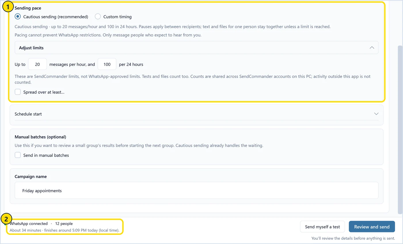 SendCommander sending options with cautious sending selected, limits of 20 per hour and 100 per 24 hours, and the estimated finish time