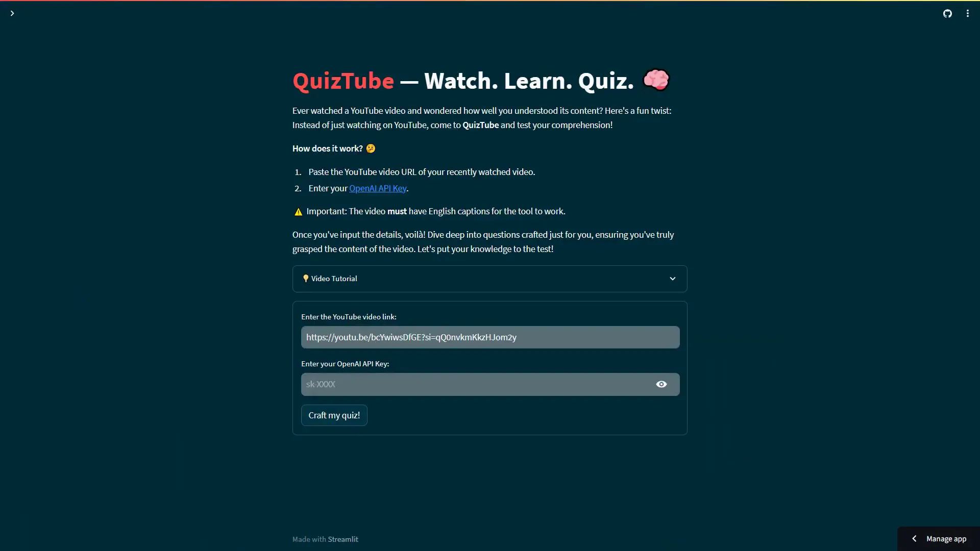 Demo of QuizTube app