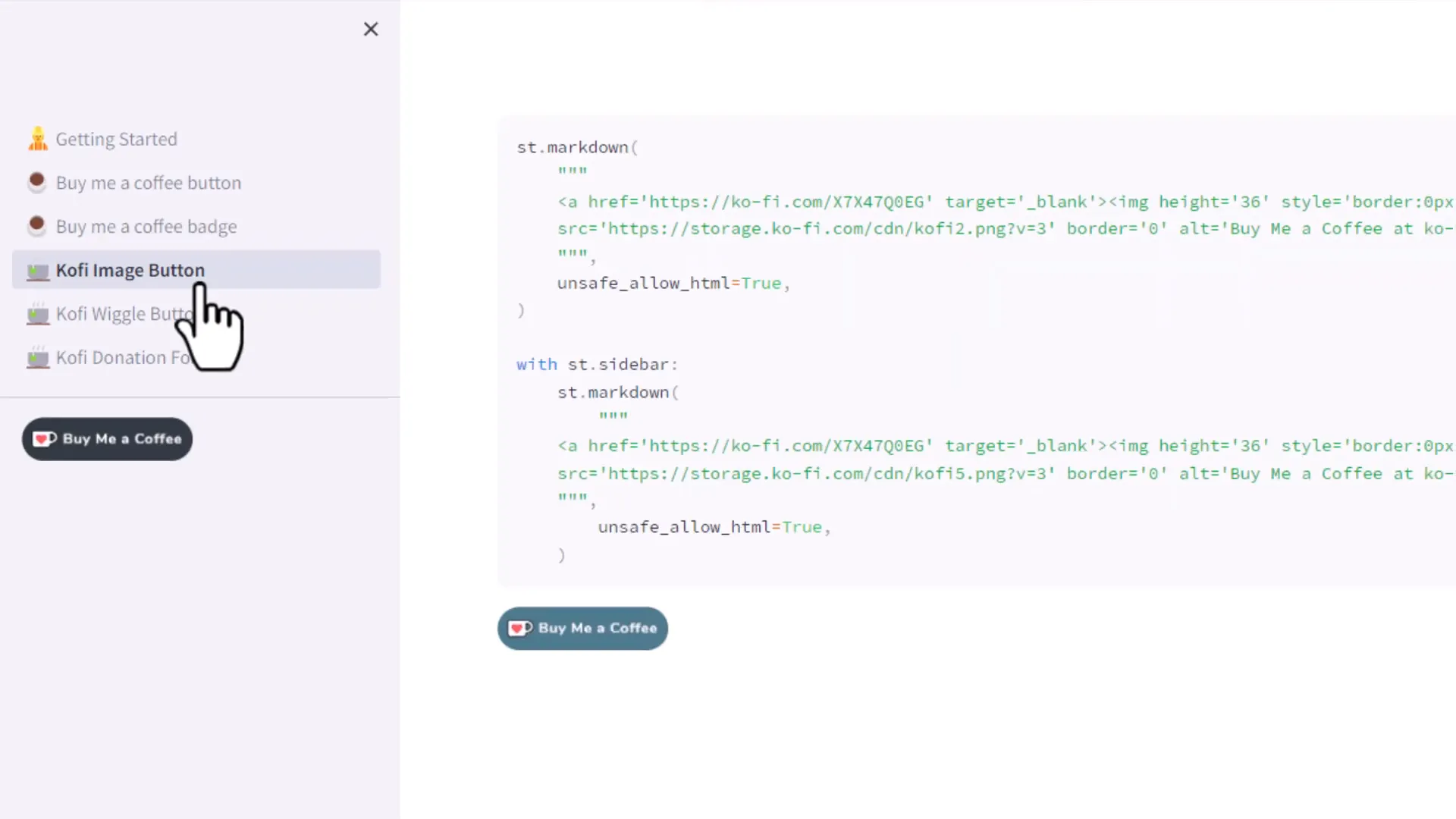 Setting up Kofi button in Streamlit