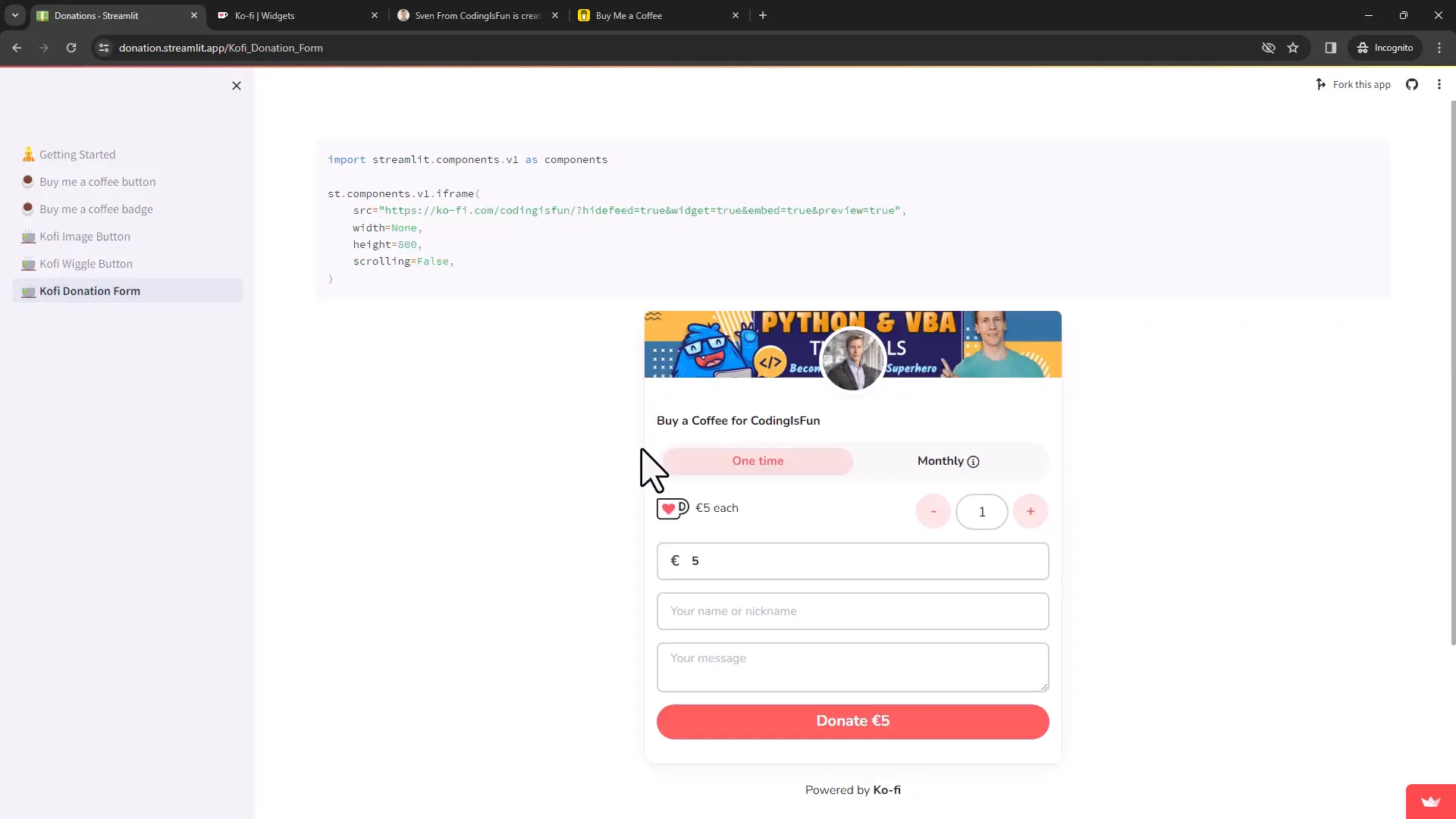 Embedding Kofi donation form in Streamlit