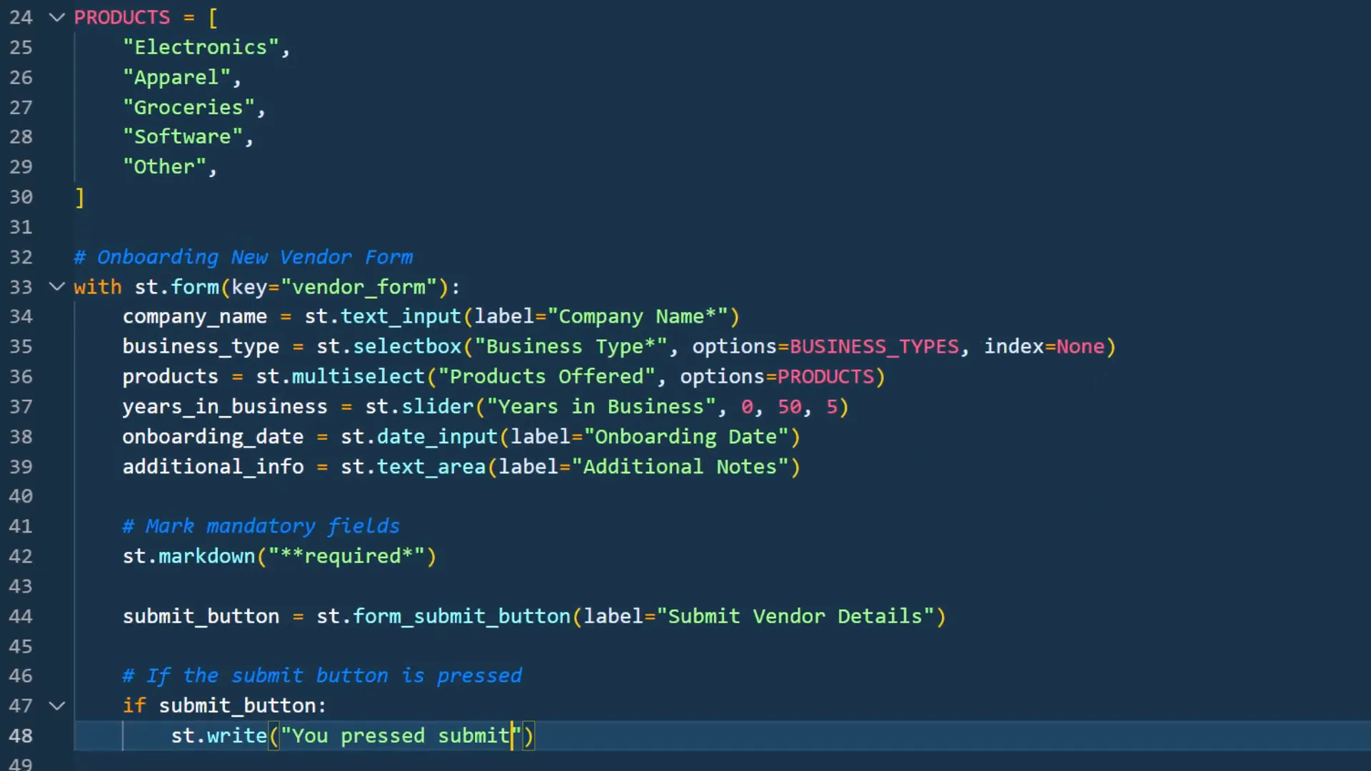 Creating a data entry form in Streamlit