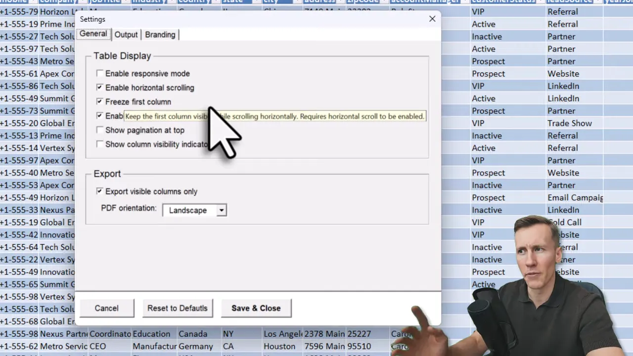 TablePop Settings dialog with 'Enable horizontal scrolling' checked and presenter visible at the right