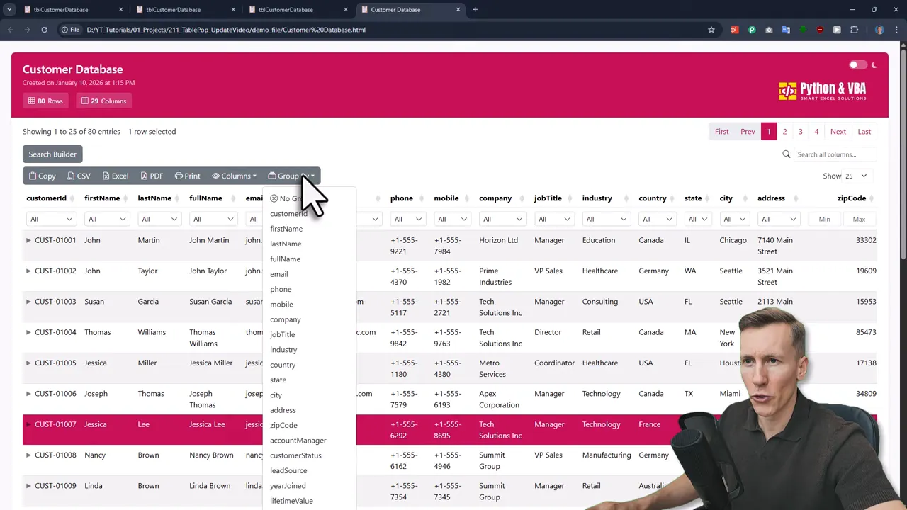 TablePop web report with the 'Group By' menu open listing columns (customerId, firstName, lastName, jobTitle, industry, etc.) and a cursor pointing at the menu