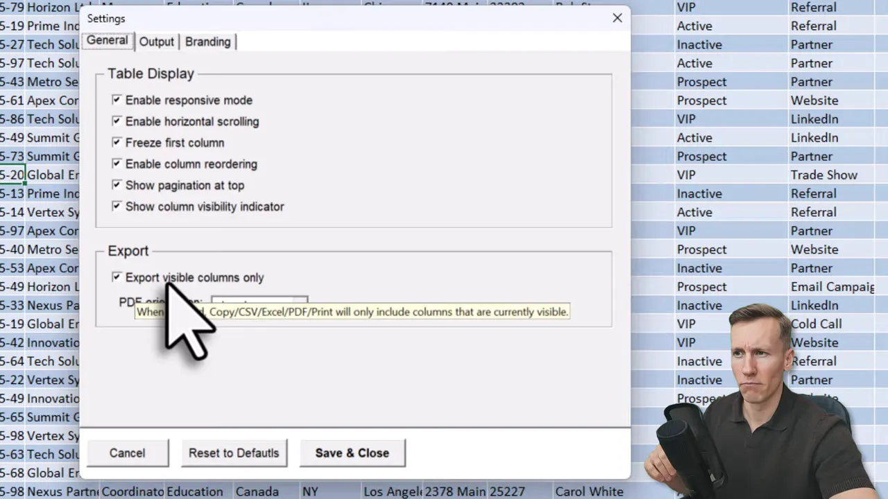 TablePop settings dialog showing the 'Export visible columns only' checkbox with an explanatory tooltip; large pointer highlights the option.