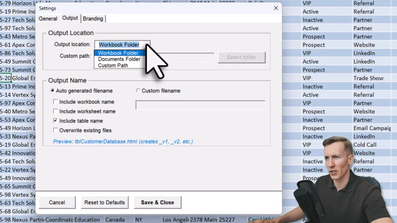 TablePop Output Location dropdown open showing 'Workbook Folder', 'Documents Folder', and 'Custom Path' options with a large pointer cursor.