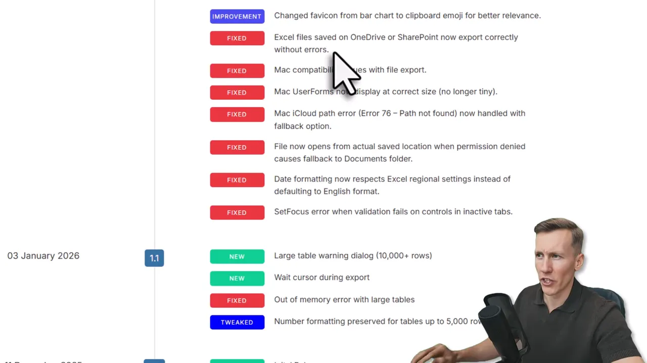 Close-up of TablePop changelog list showing badges and entries including 'Large table warning dialog (10,000+ rows)' and 'Out of memory error with large tables'.