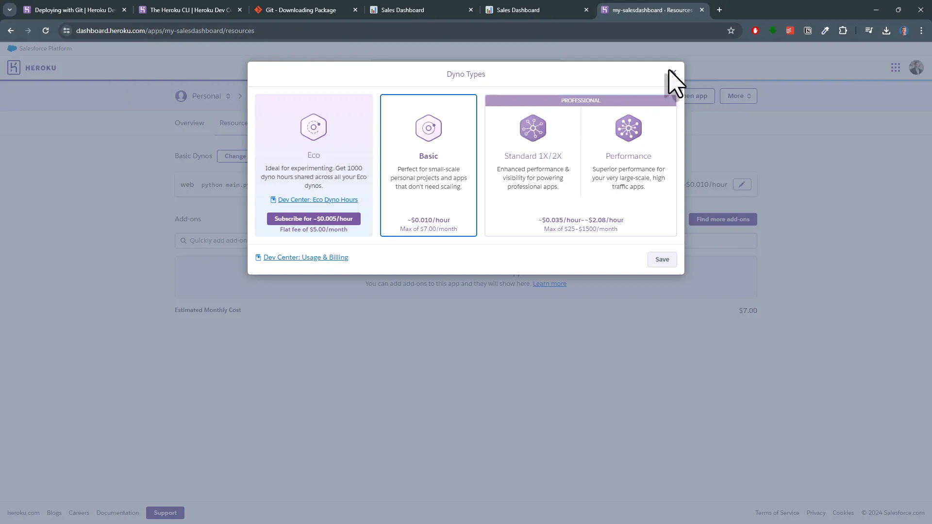 Heroku dashboard options