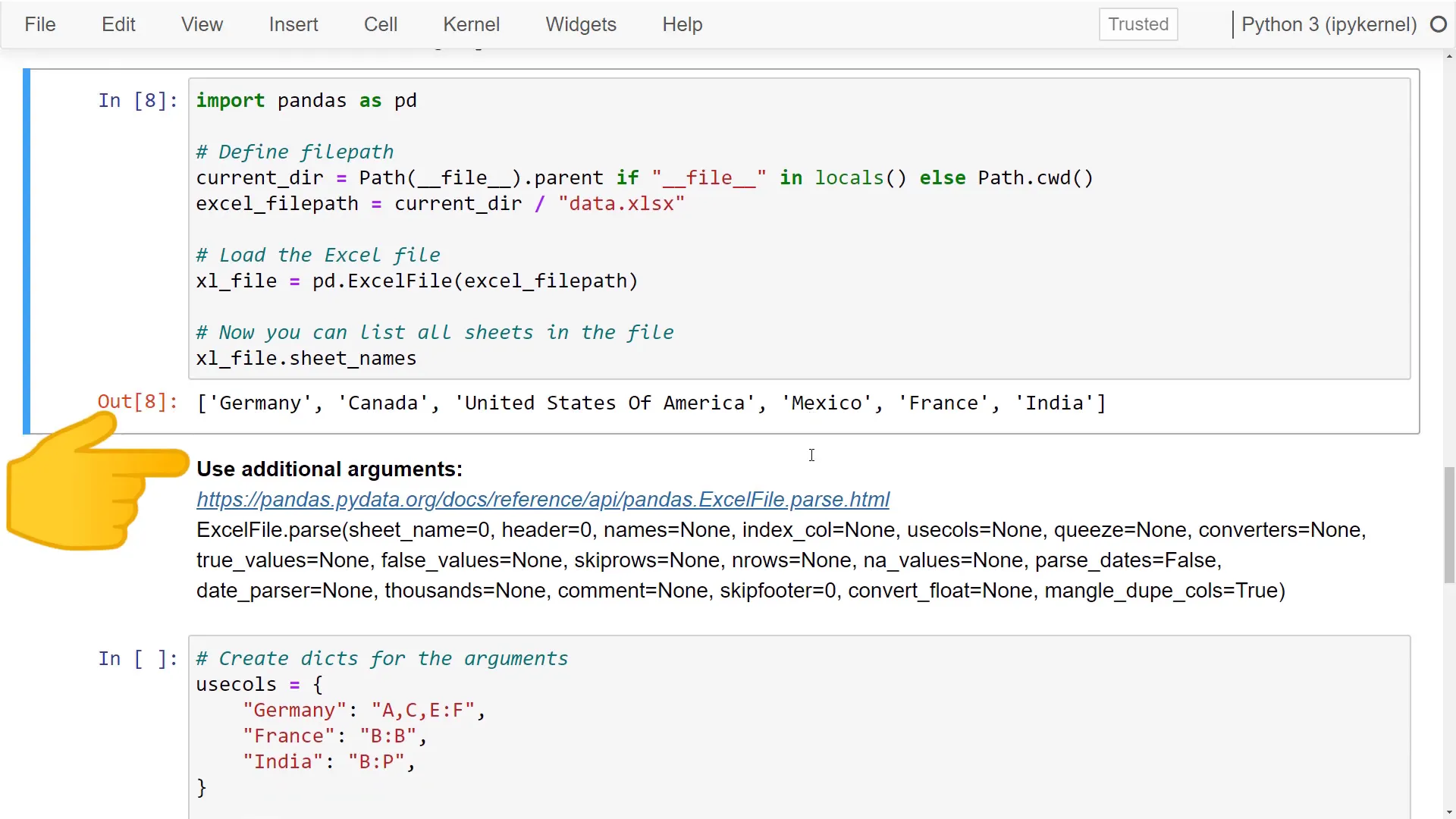 Using pd.ExcelFile to load the spreadsheet