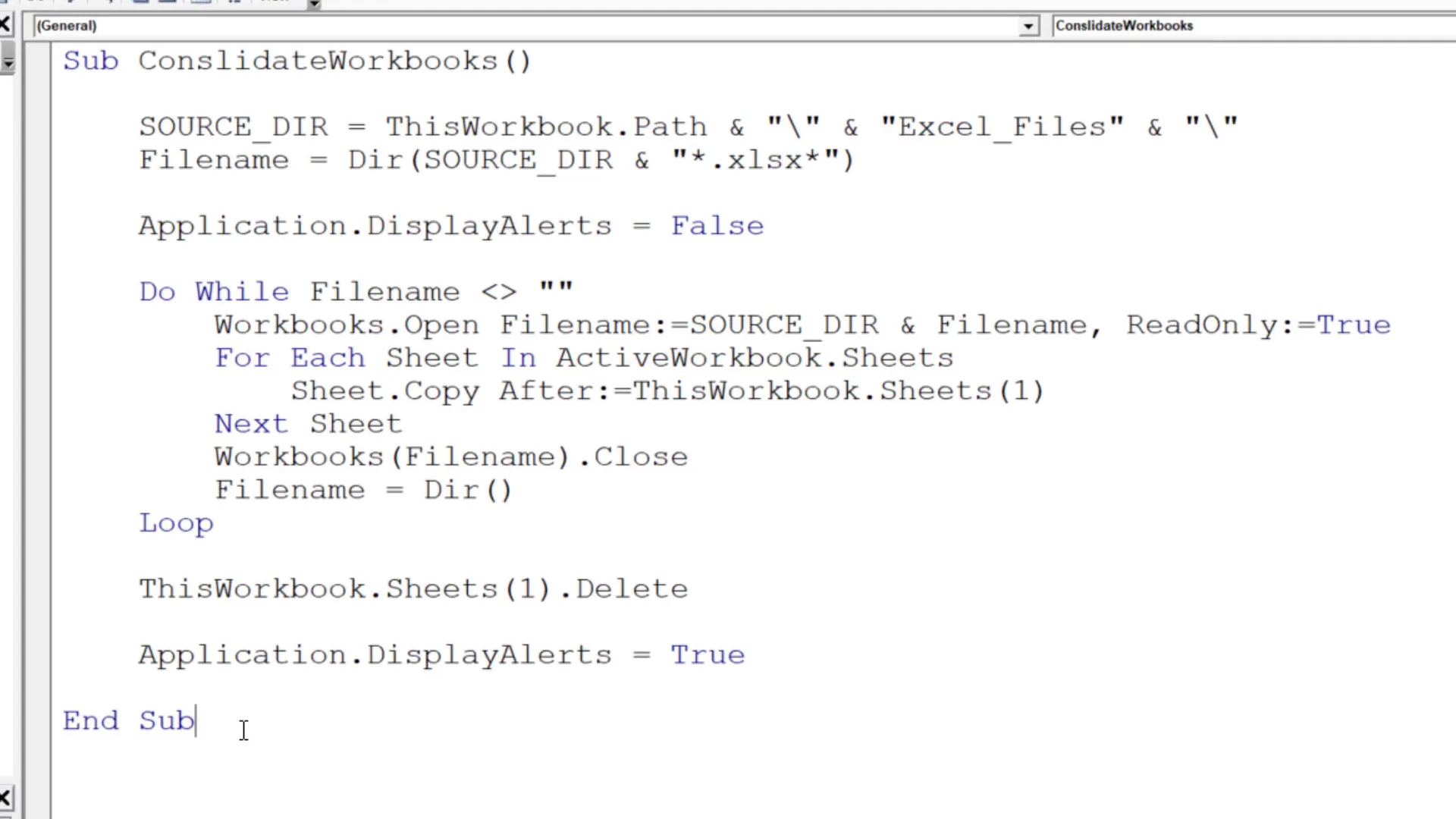 VBA code example in Visual Basic Editor