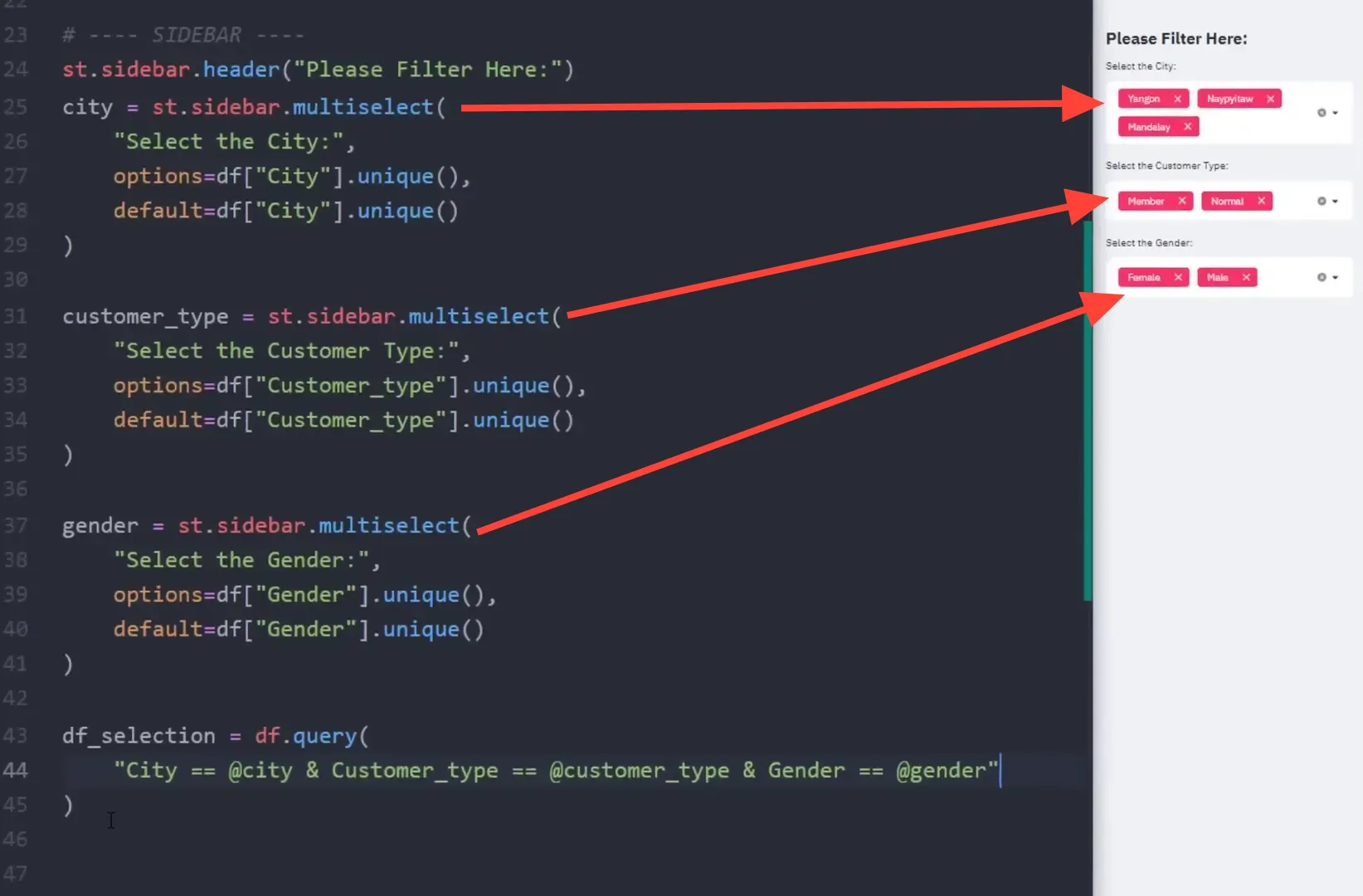 Building the sidebar for filter selection