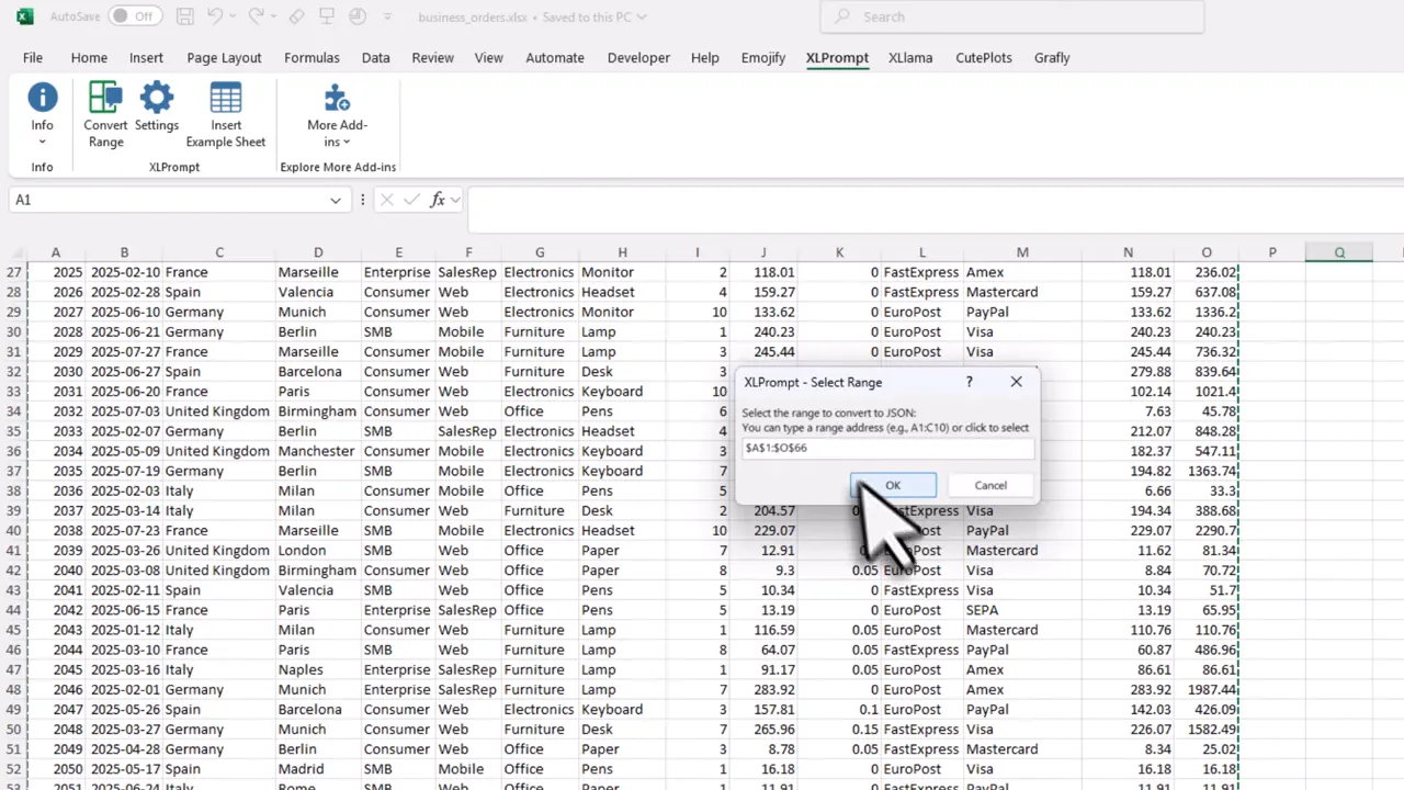 Selection dialog confirming Excel range to export