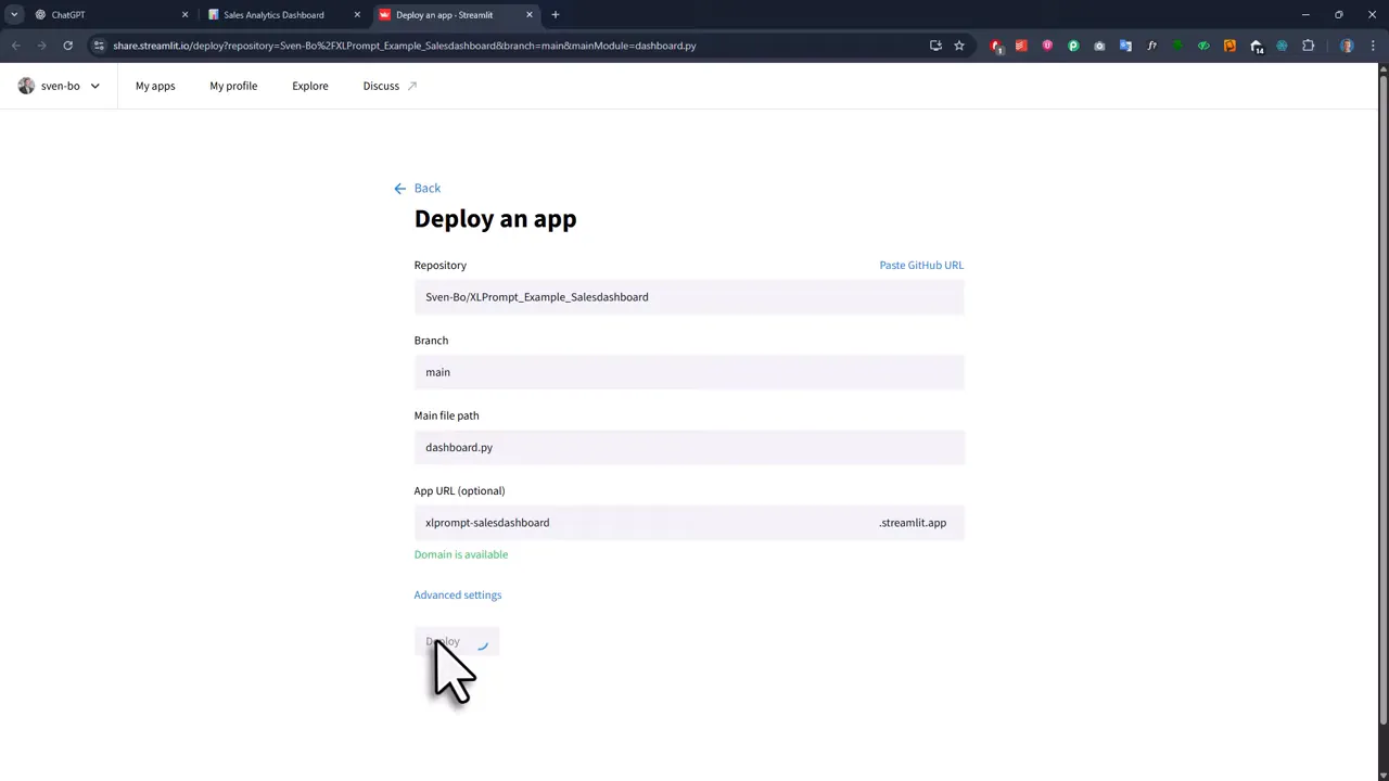 Streamlit deployment screen with custom URL field