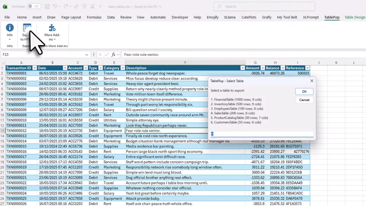 Excel screen with cursor over Export to HTML and a TablePop 'Select Table' dialog listing tables to export