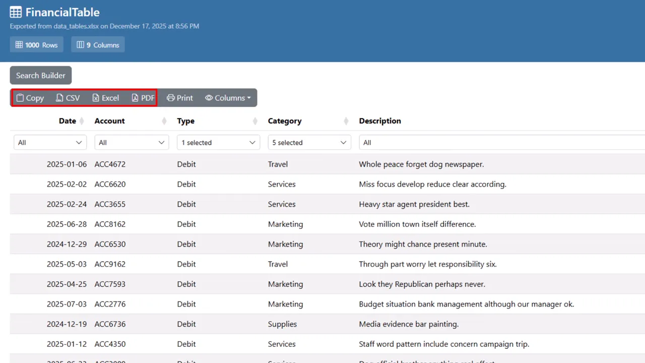 Interactive web table with export buttons Copy CSV Excel PDF visible in the toolbar and filter controls