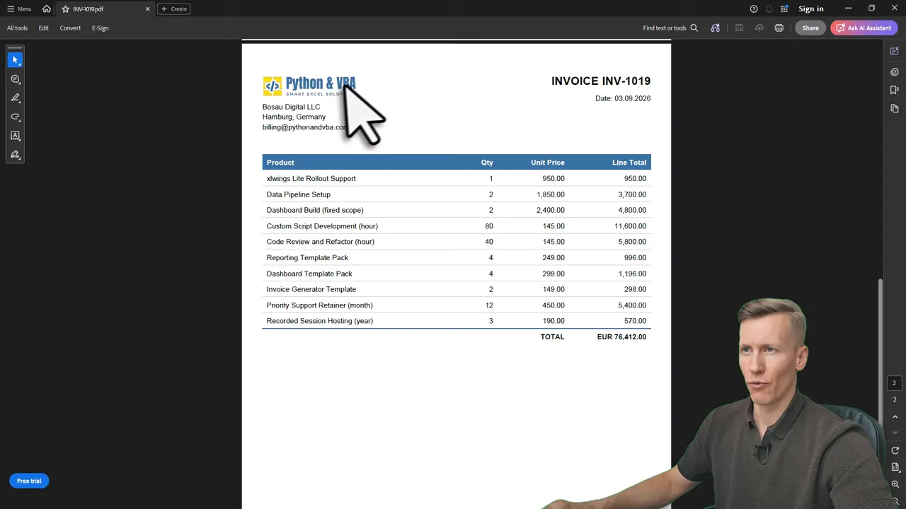Two-page PDF invoice with repeated blue table header on the second page