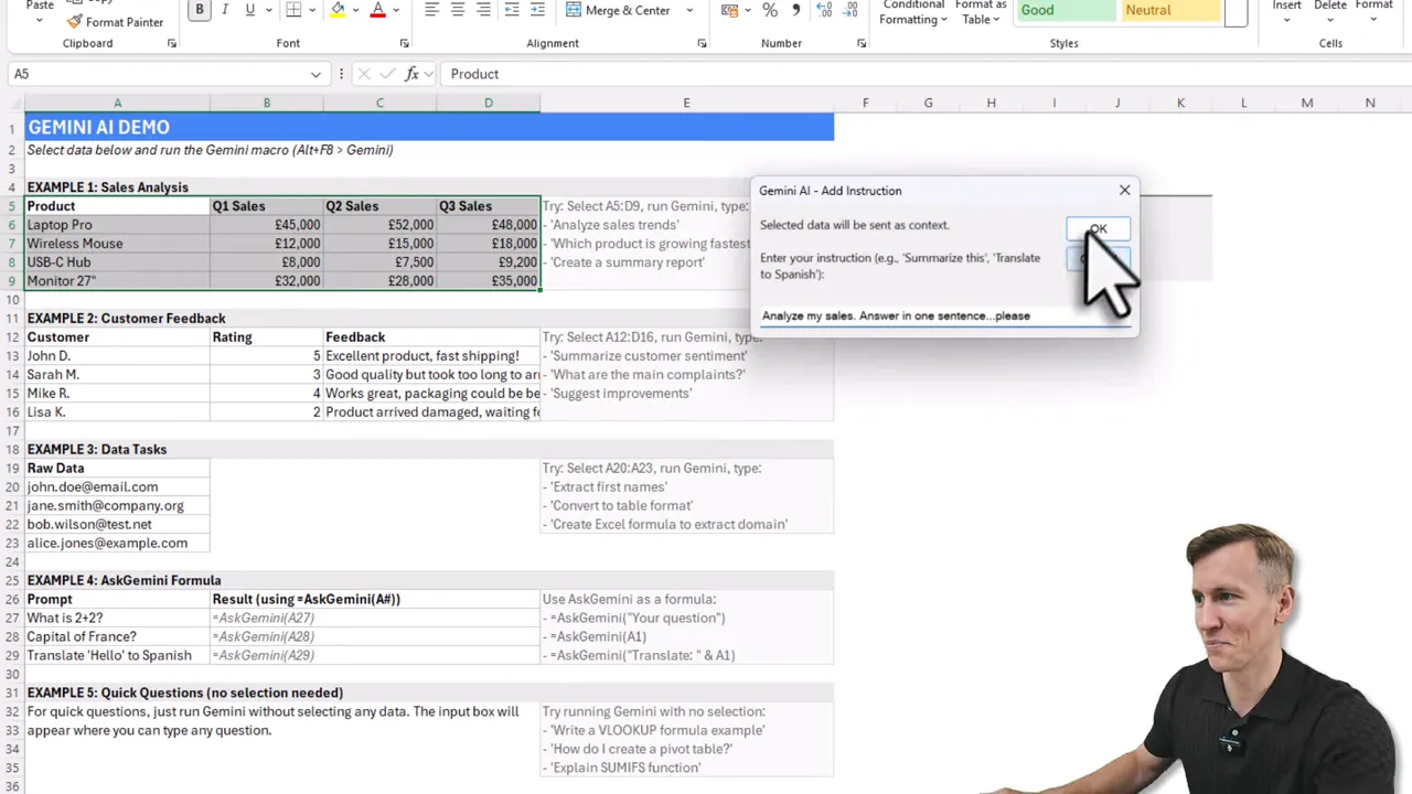 High-quality screenshot of the Gemini in Excel demo sheet showing the Ask Gemini button on the right