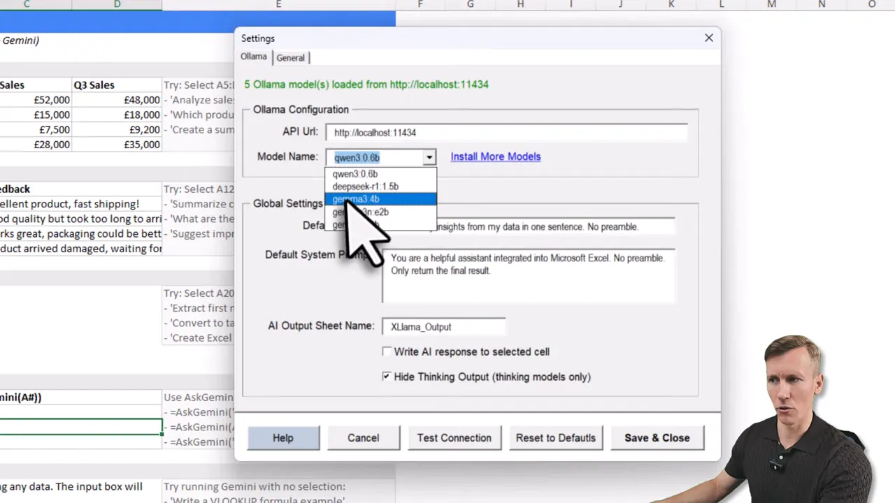 Configuration dialog showing model name dropdown and output options for a local model (screenshot is blurred but indicates the settings panel)