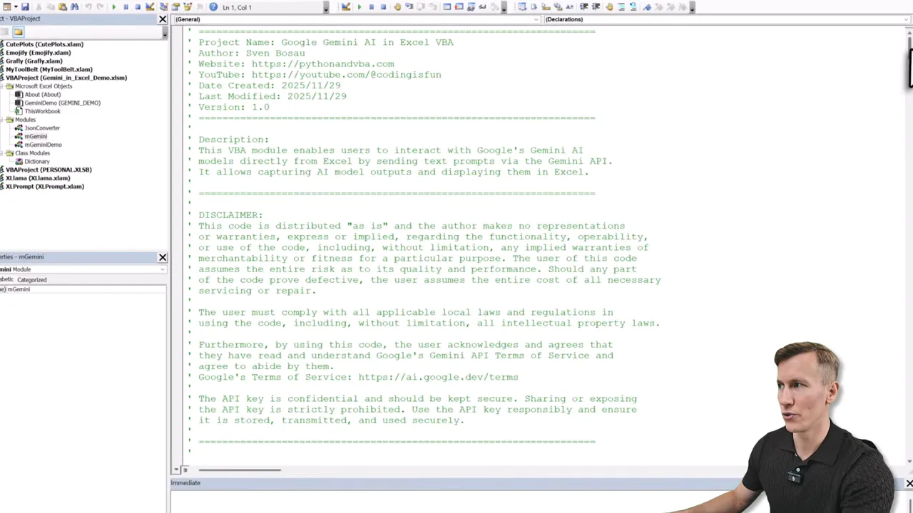 VBA code window showing Gemini module header comments and configuration text