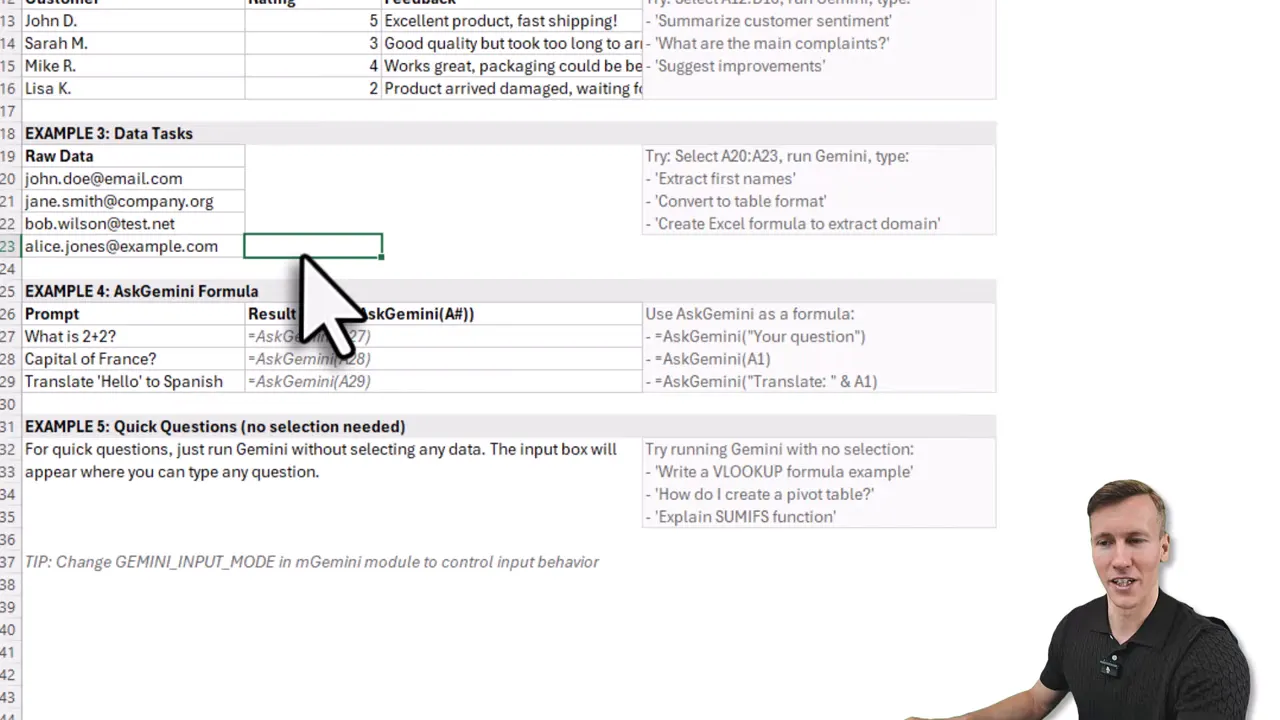 Excel demo showing raw email addresses, AskGemini formula examples and a large cursor over the result cell