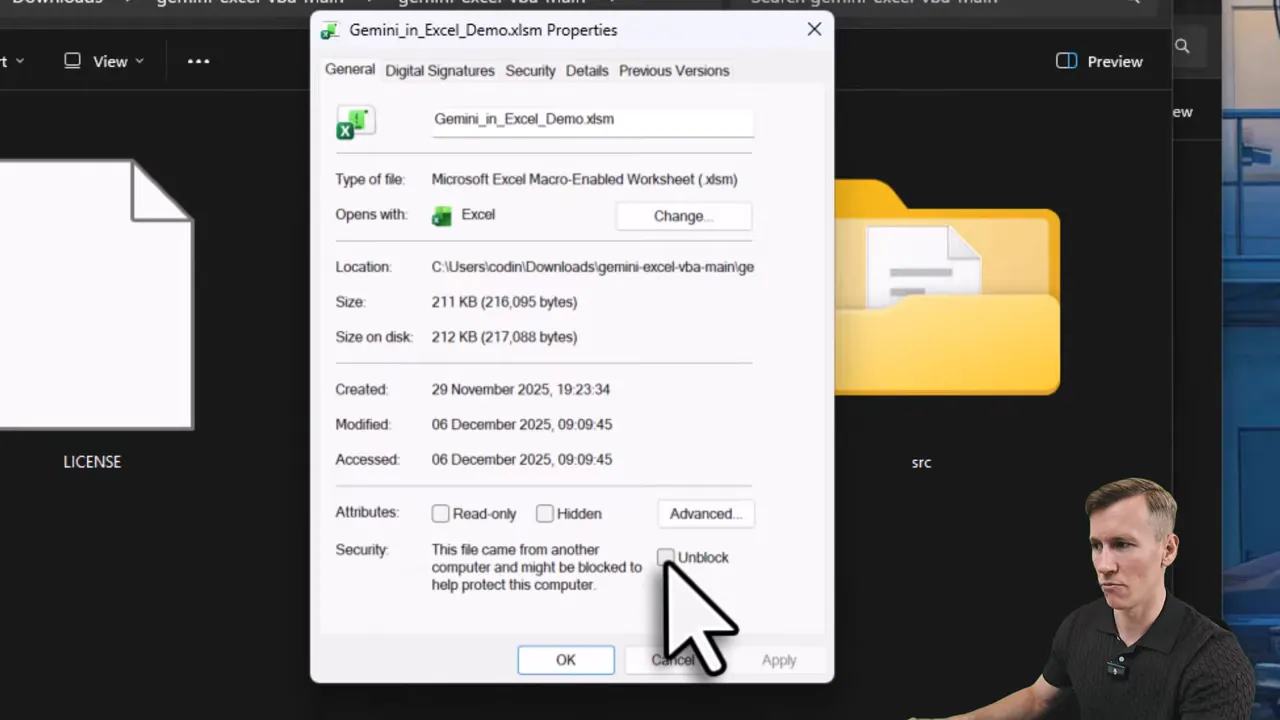 Windows file properties with the Unblock checkbox highlighted for a macro-enabled Excel file