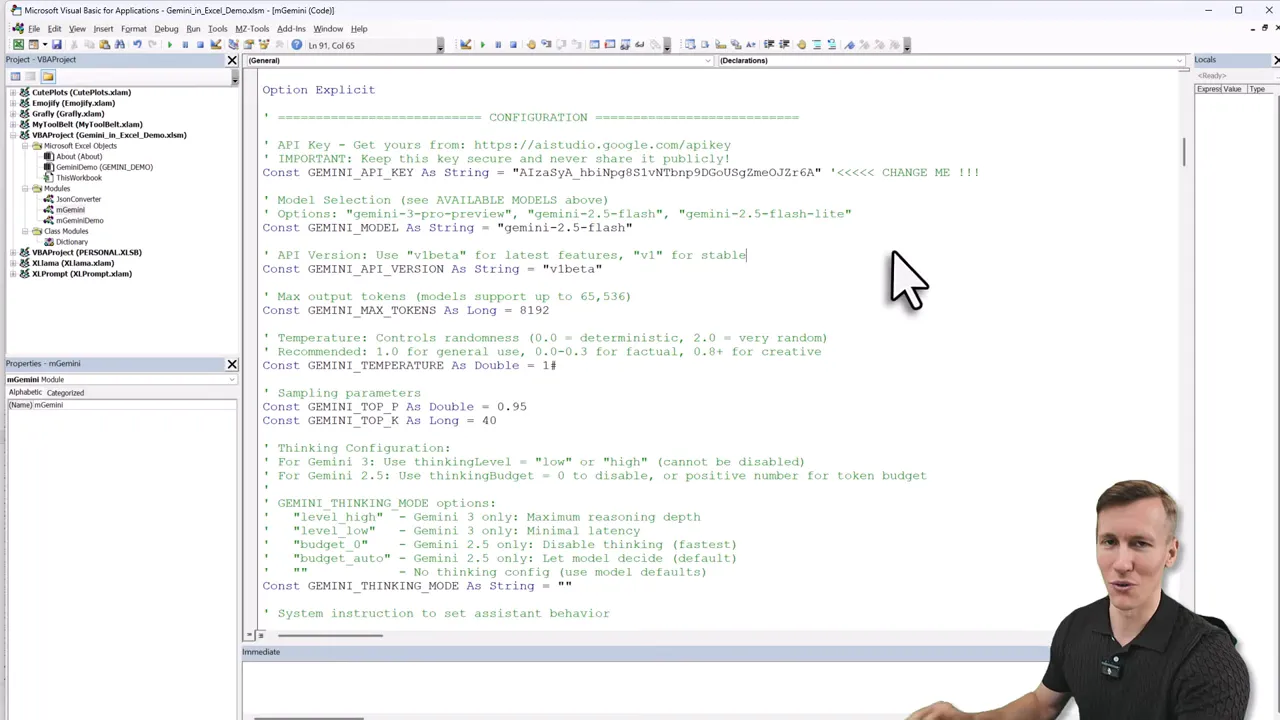 Close-up of the Visual Basic Editor showing the GEMINI_API_KEY line with an example API key and model selection