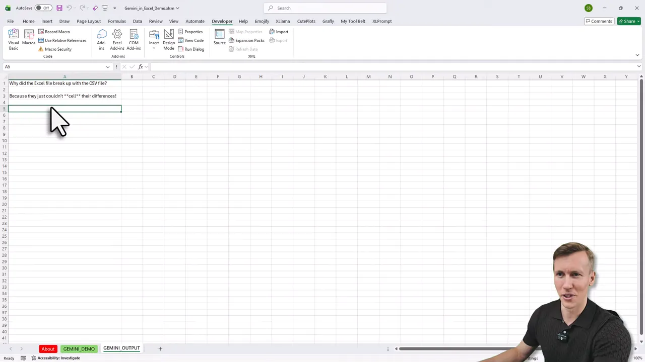 Excel workbook showing cell A5 selected with developer ribbon and a large cursor