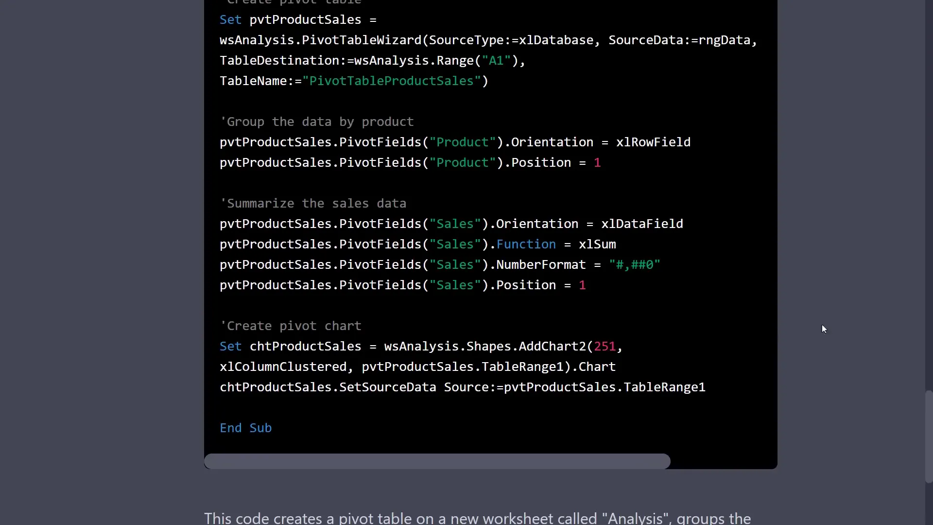 VBA code for creating pivot tables and charts