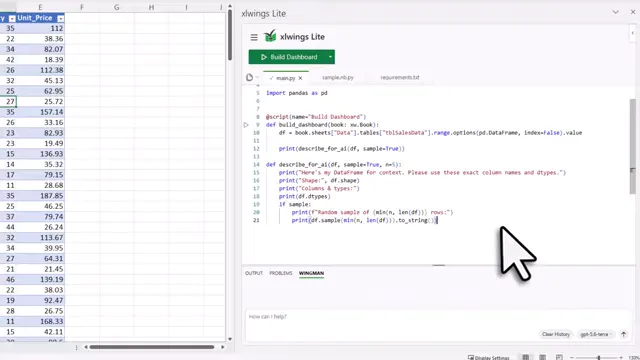 xlwings Lite editor showing dashboard generation prompt below Python code