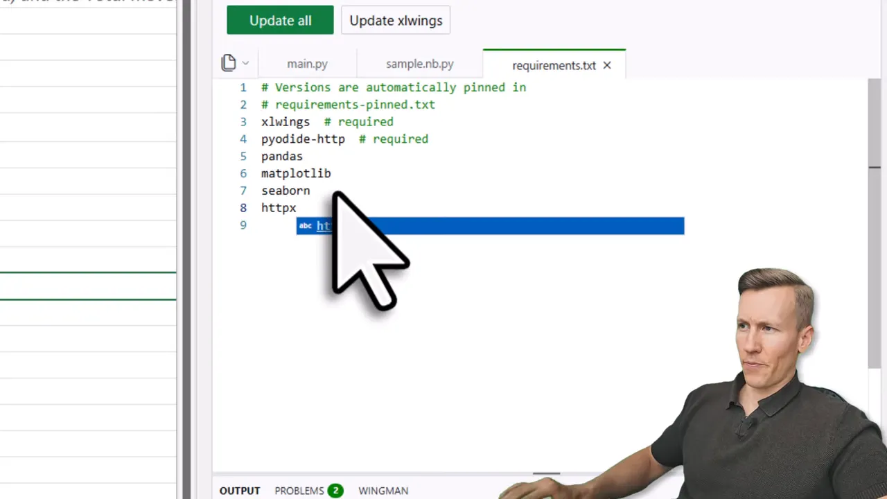 xlwings Lite Requirements tab showing httpx added as a package dependency