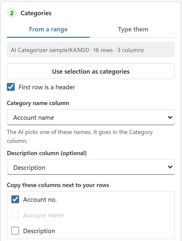 Categories from a range with name, description and columns to copy