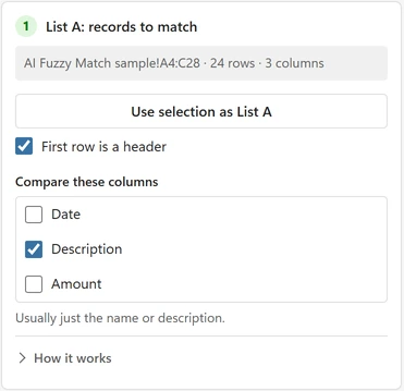 List A range and columns selected for comparison